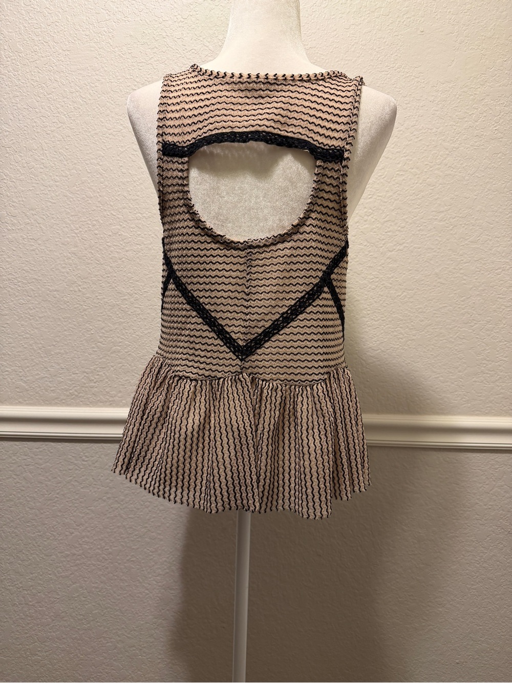 Free People Lace & Stripe Peplum Top Black Toasted Almond Size S - Picture 6 of 7